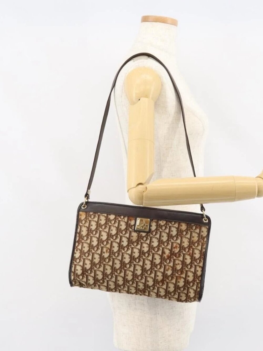 Christian Dior Trotter Canvas Shoulder Bag Beige Gold Auth 158032